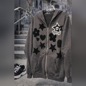 Hatoriwel Star Skull Hoodie Zip Up Gray Chenille Patch Streetwear Size Large